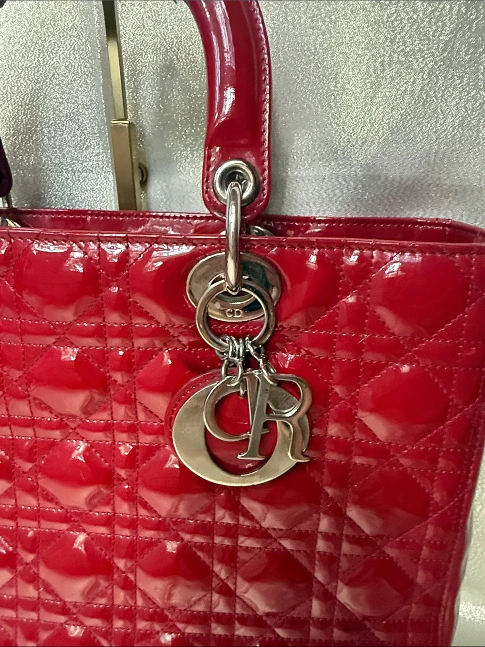 Dior Patent Quilted Tote - Red